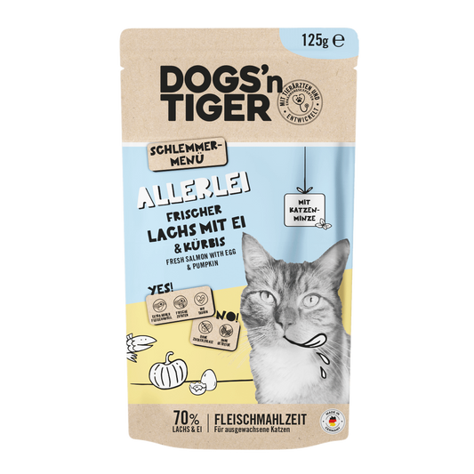 Dogs’n Tiger Adult Katzenfutter, Allerlei, Nassfutter für Katzen, Getreidefrei, Lachs mit Ei & Kürbis