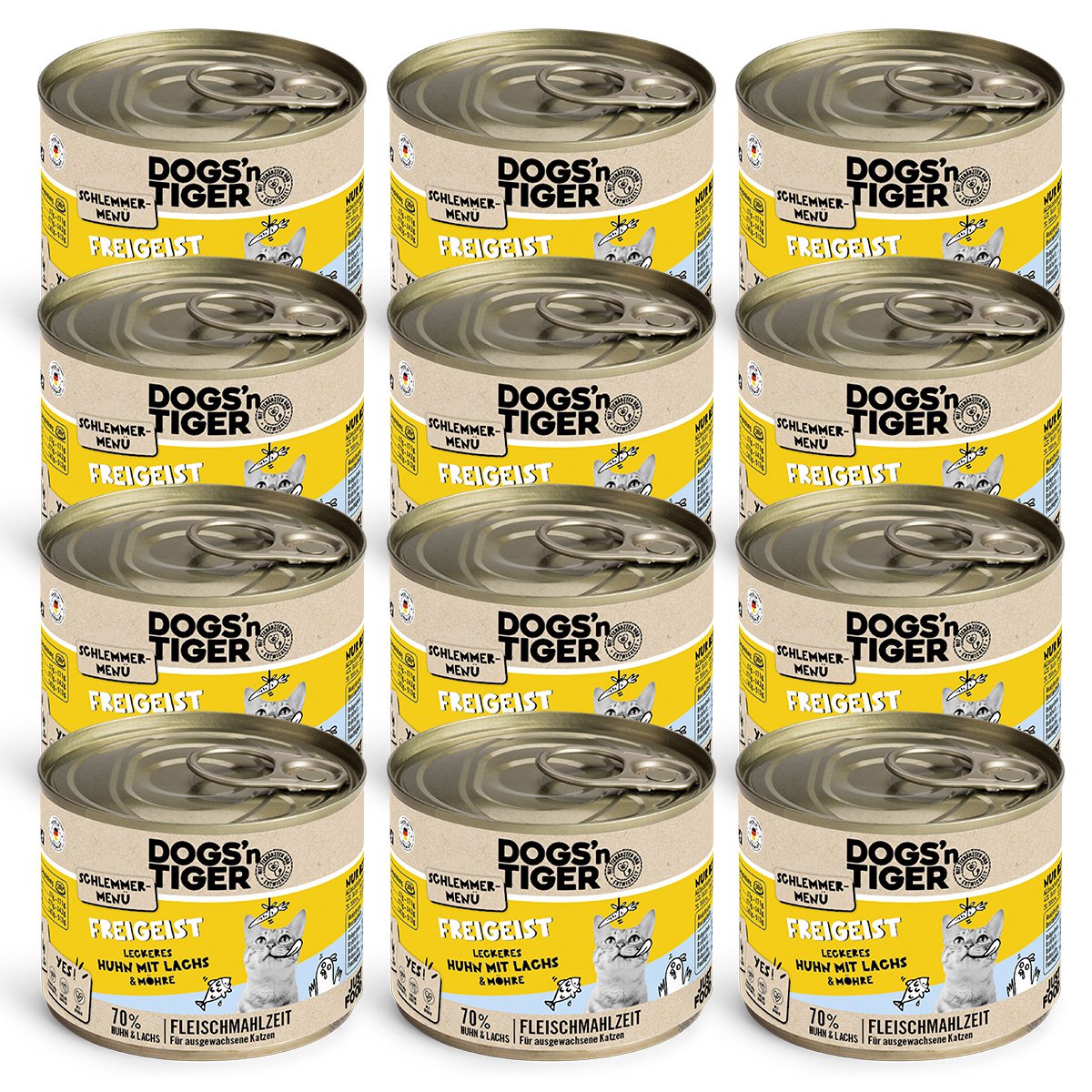 Dogs’n Tiger Adult, Katzenfutter, Freigeist, Katzen Nassfutter, Getreidefrei, Huhn, Lachs & Karotte