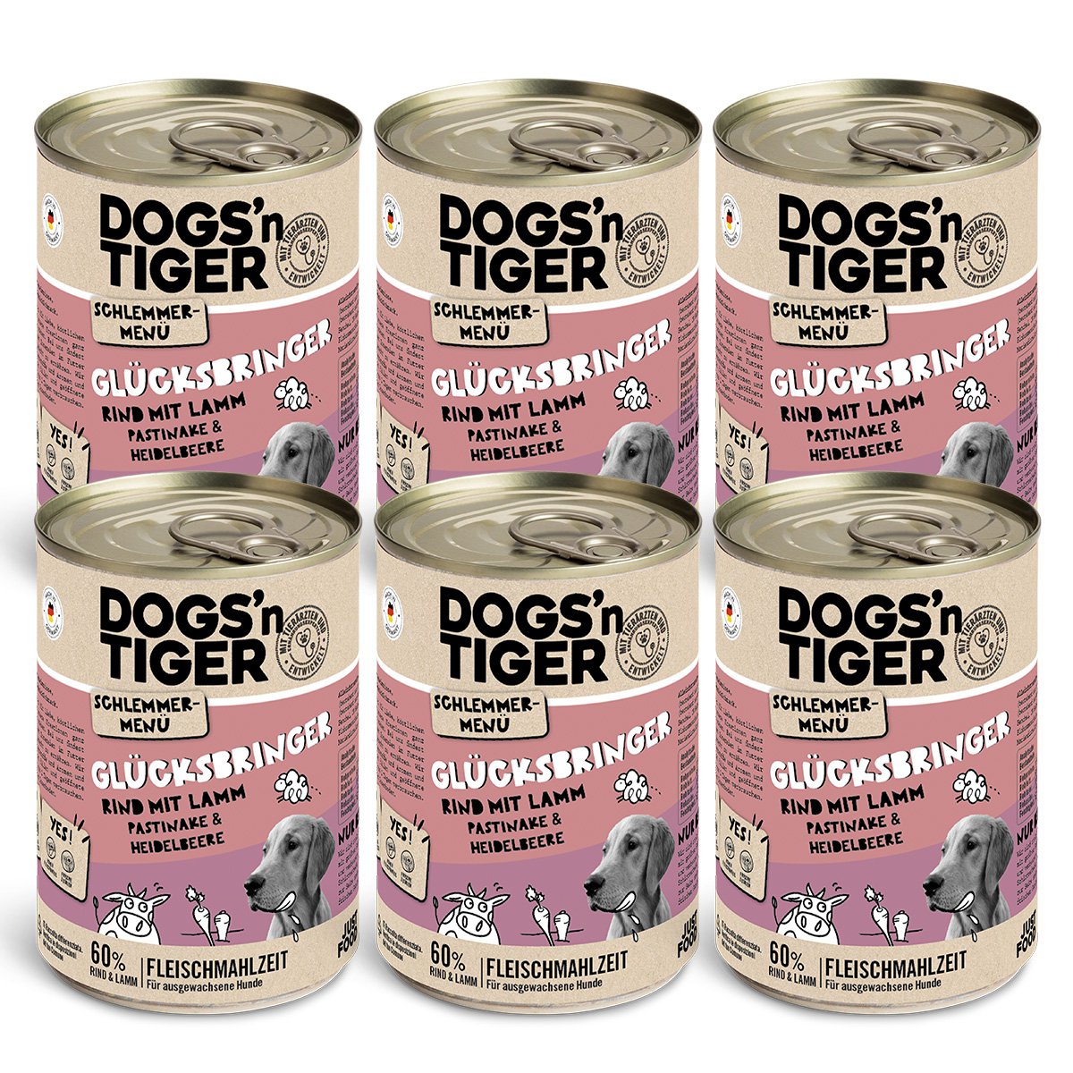Dogs’n Tiger Adult Hundefutter, Glücksbringer, Nassfutter, Getreidefrei, Rind, Lamm, Pastinake & Heidelbeeren