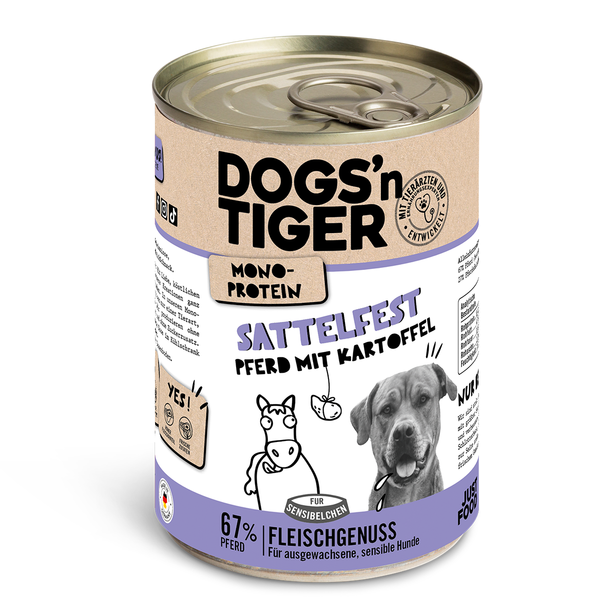 Dogs’n Tiger Adult Hundefutter, Nassfutter, Sattelfest, Getreidefrei, hypoallergen, Monoprotein, Pferd & Kartoffel