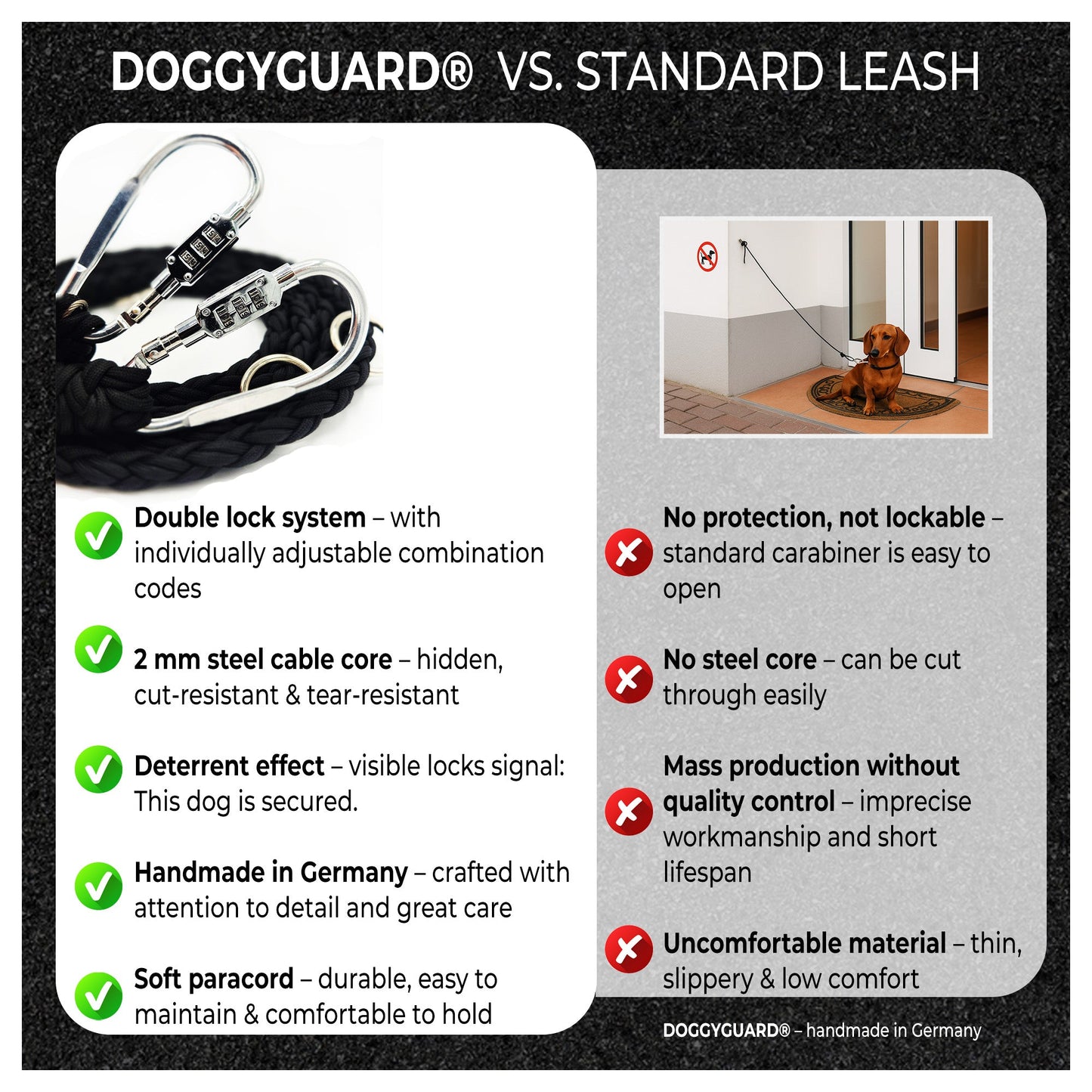 Anti-Diebstahl Hundeleine - Abschließbar, Schnittfest durch Stahlseil-Kern & Handgemacht - DOGGYGUARD®