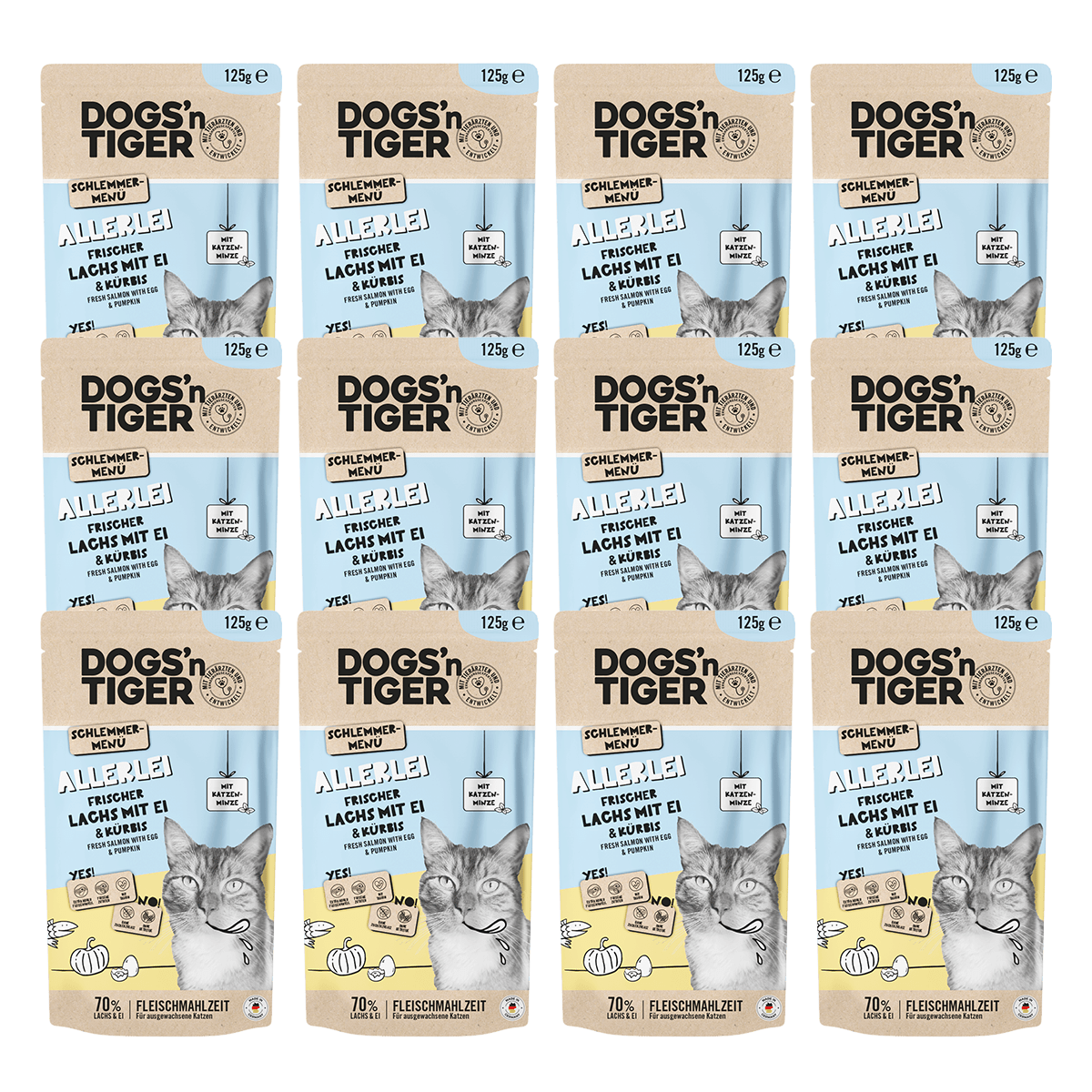 Dogs’n Tiger Adult Katzenfutter, Allerlei, Nassfutter für Katzen, Getreidefrei, Lachs mit Ei & Kürbis