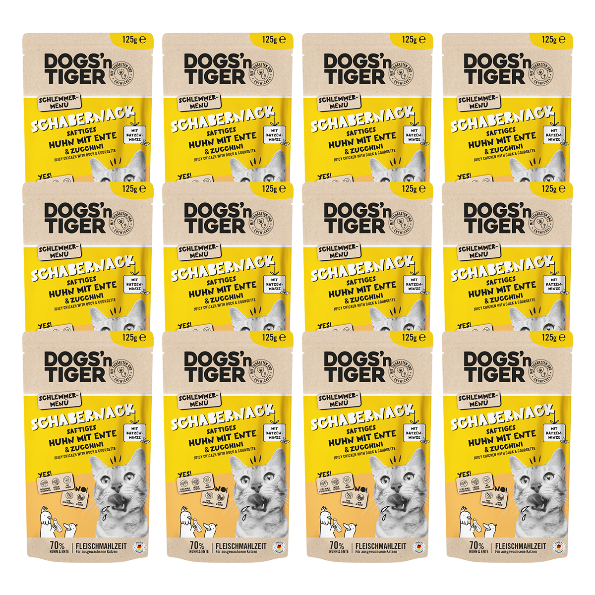 Dogs’n Tiger Adult Katzenfutter, Schabernack, Nassfutter, Getreidefrei, Huhn, Ente & Zucchini