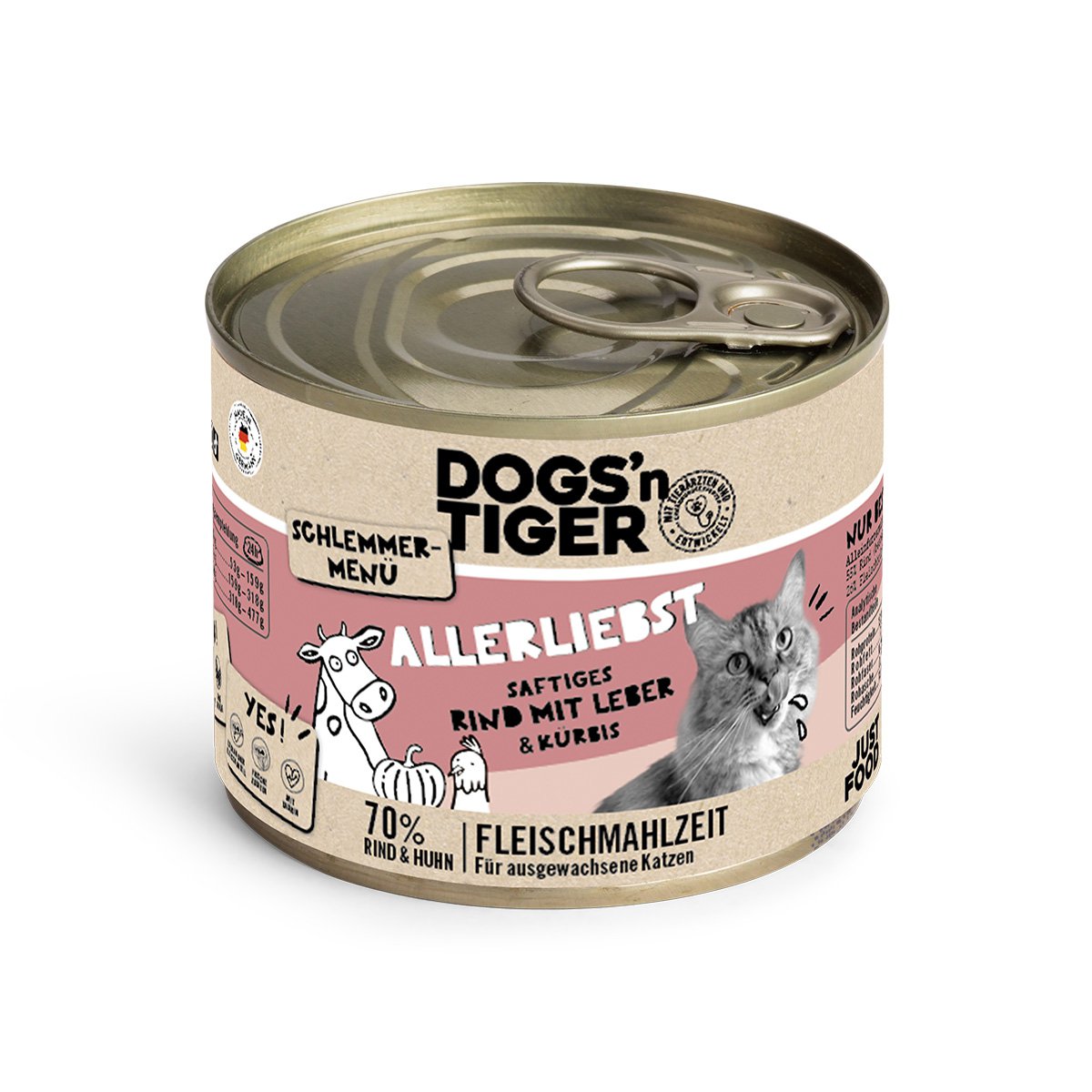 Dogs’n Tiger Adult Katzenfutter, Allerliebst, Nassfutter, Getreidefrei, Rind, Hühnerleber & Kürbis