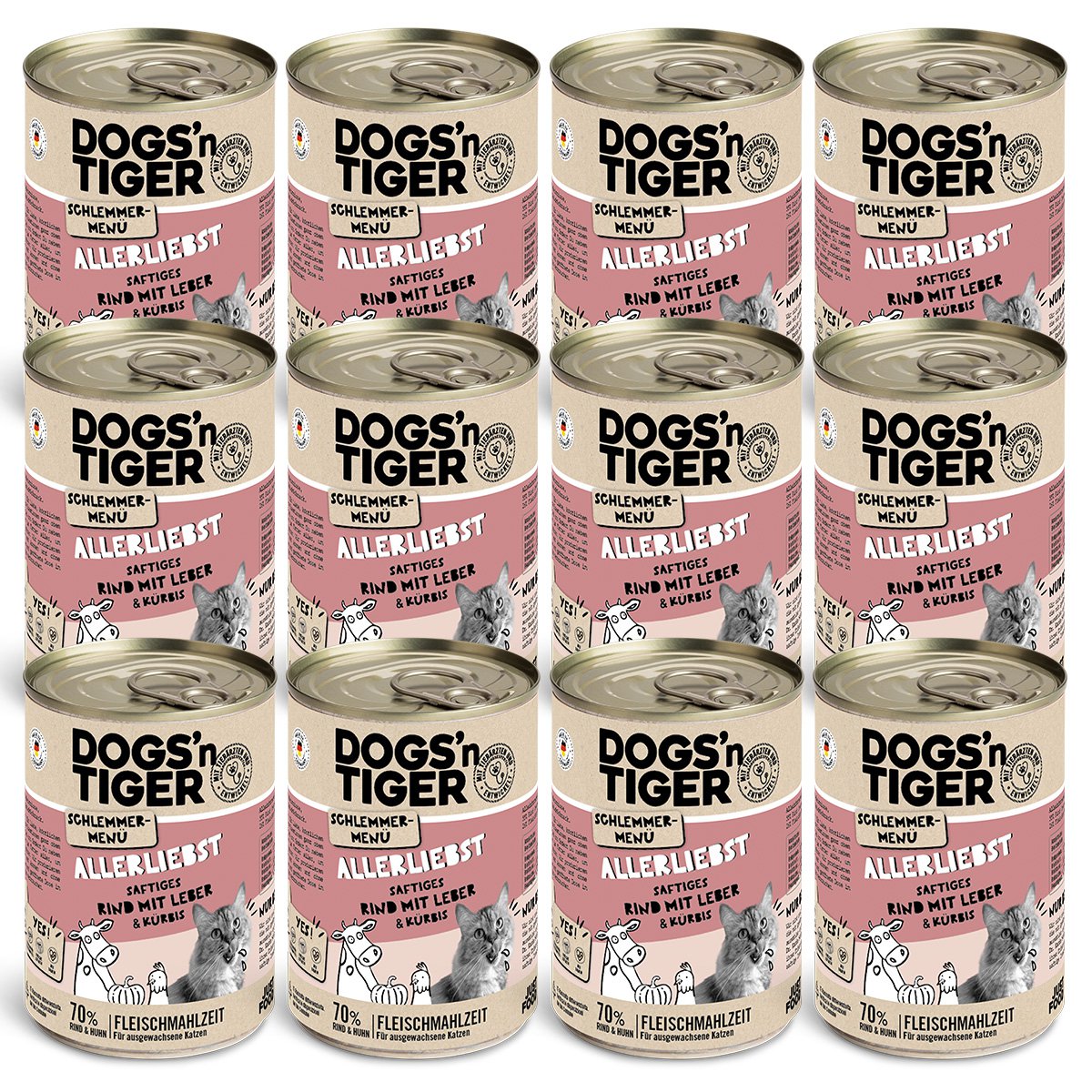 Dogs’n Tiger Adult Katzenfutter, Allerliebst, Nassfutter, Getreidefrei, Rind, Hühnerleber & Kürbis