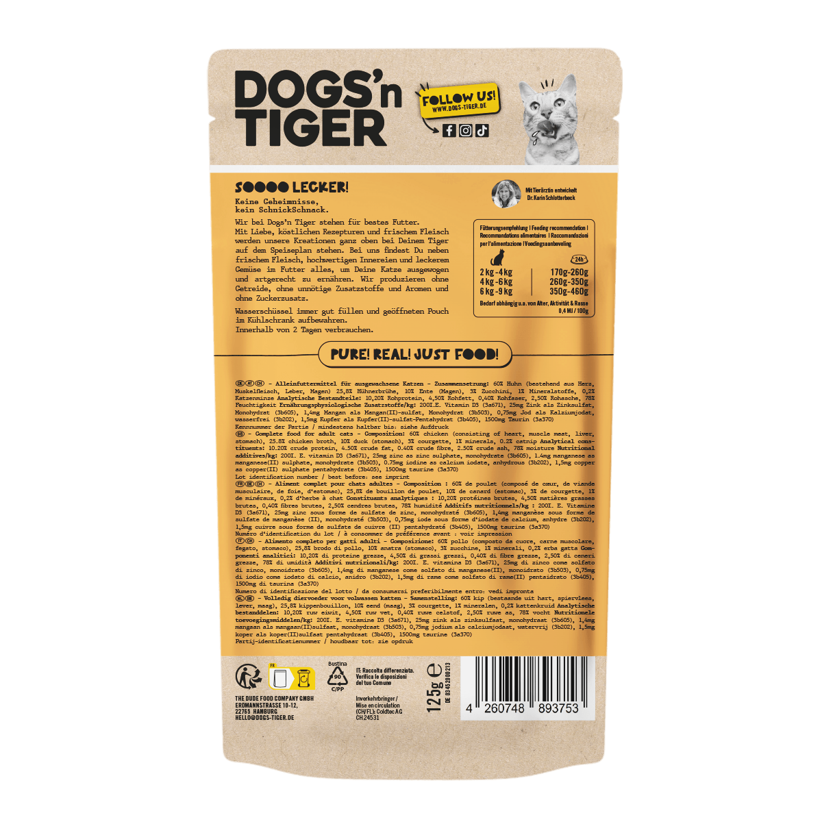 Dogs’n Tiger Adult Katzenfutter, Schabernack, Nassfutter, Getreidefrei, Huhn, Ente & Zucchini